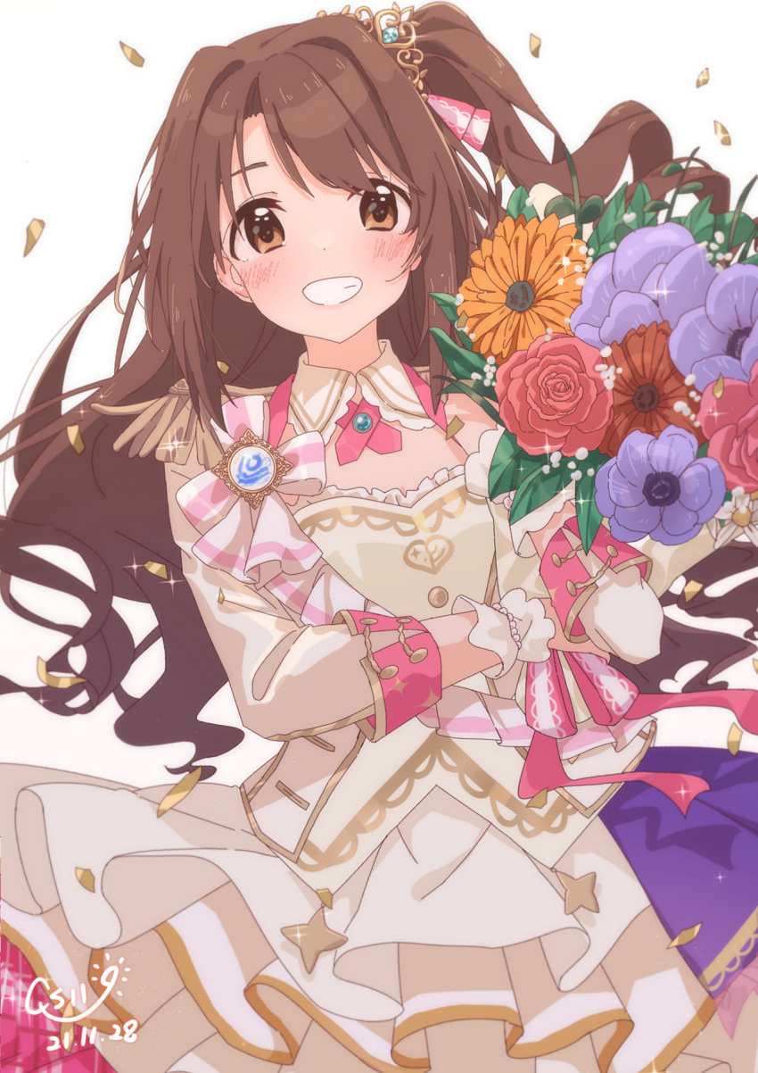 1girl blurry blush bow bracelet breasts brown_eyes brown_hair confetti cross_tie dated depth_of_field dot_nose dress_bow epaulettes floating_hair flower glint grin hair_bow highres holding holding_flower idolmaster idolmaster_cinderella_girls idolmaster_cinderella_girls_starlight_stage jacket jewelry layered_skirt leaf long_hair long_sleeves looking_at_viewer medium_breasts necktie one_side_up orange_flower pearl_bracelet pink_bow pink_flower pink_necktie pink_ribbon pink_sash purple_flower qs11 ribbon sash scrunchie shimamura_uzuki signature skirt smile solo sparkle tiara white_background white_flower white_jacket white_scrunchie white_skirt wrist_scrunchie