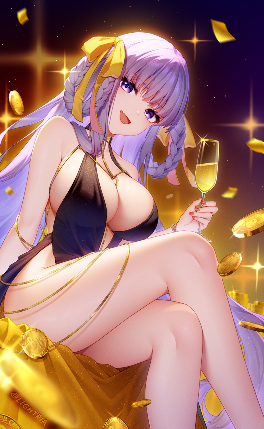 1girl :d bare_legs bare_shoulders bb_(fate) bb_dubai_(fate) braid braided_hair_rings breasts chinese_commentary coin commentary_request cup drinking_glass fang fate/grand_order fate_(series) feet_out_of_frame hair_rings highres holding holding_cup large_breasts lightria long_hair looking_at_viewer nail_polish open_mouth purple_eyes purple_hair sitting skin_fang smile solo sparkle thighs very_long_hair wine_glass