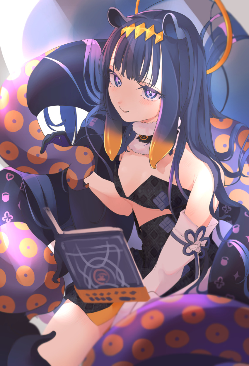 1girl black_dress black_gloves black_hair book breasts detached_sleeves dress eyebrows_hidden_by_hair gloves halo highres holding holding_book hololive hololive_english keisho_ryaku leaning_forward looking_at_viewer looking_up monogram ninomae_ina&#039;nis ninomae_ina&#039;nis_(1st_costume) purple_eyes single_detached_sleeve small_breasts smile solo tentacles virtual_youtuber