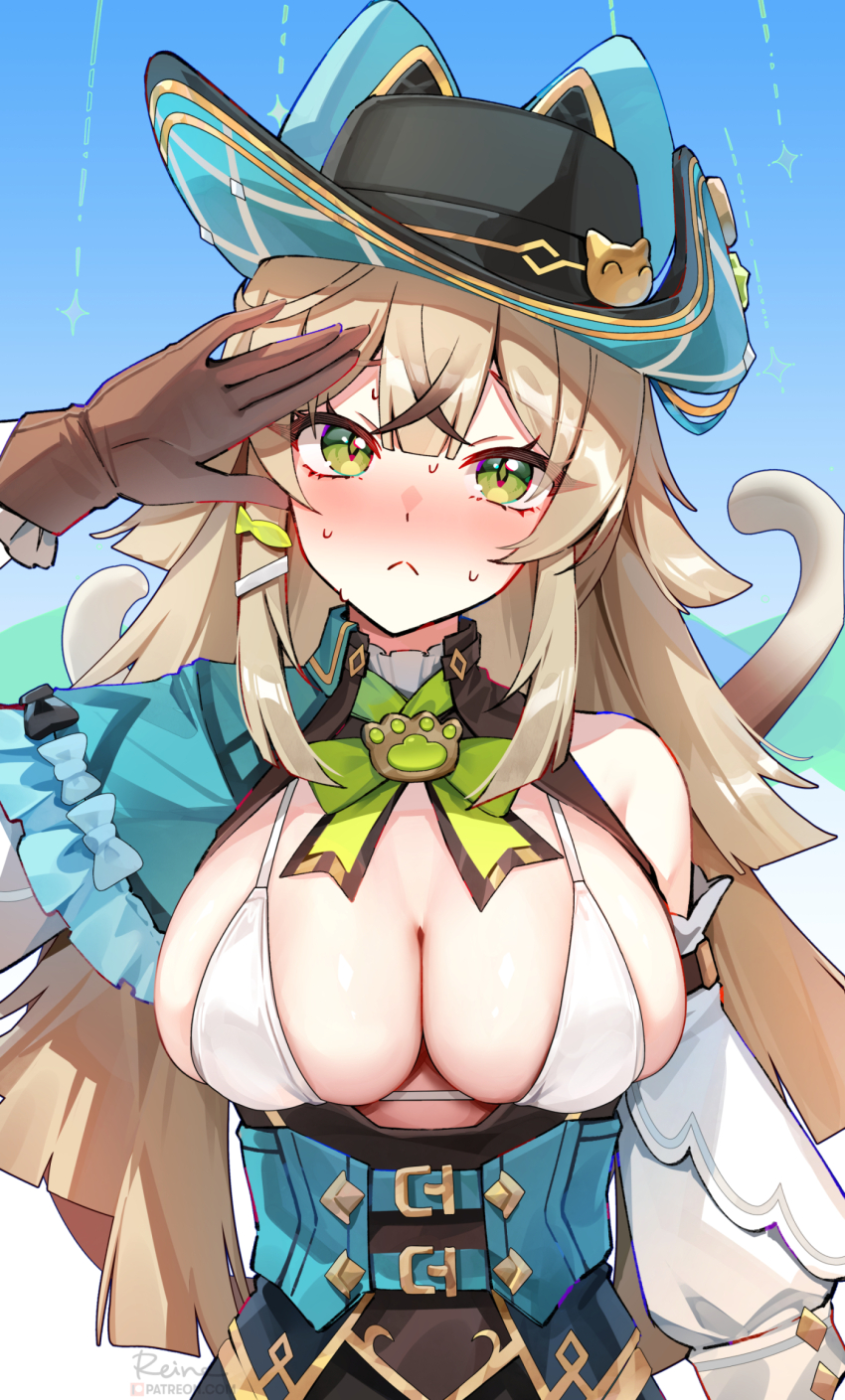 1girl bikini blush breasts cat_girl cat_tail cleavage closed_mouth commentary foxyreine genshin_impact green_eyes highres kirara_(genshin_impact) kirara_(phantom_in_boots)_(genshin_impact) large_breasts light_brown_hair long_hair looking_at_viewer multiple_tails sidelocks solo swimsuit tail two_tails variant_set white_bikini