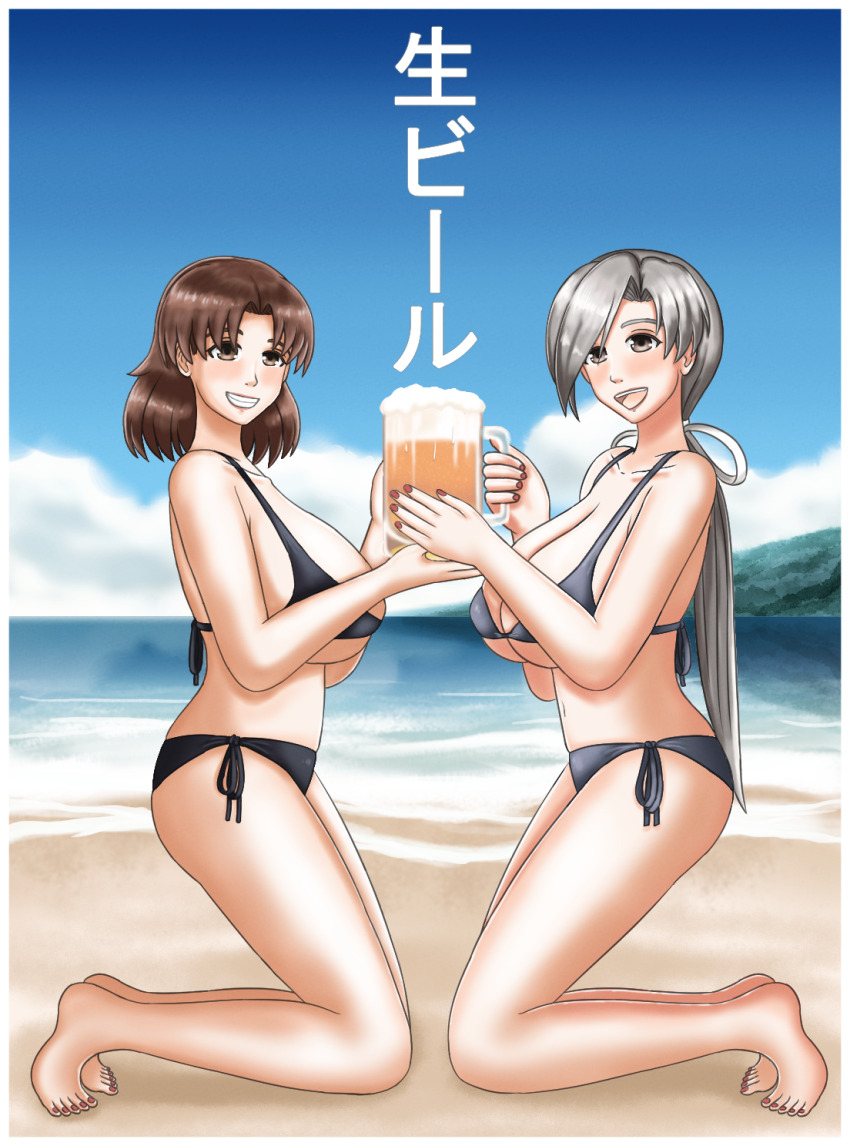 2girls alcohol asymmetrical_hair beach beer beer_mug bikini blush breasts brown_eyes brown_hair chibiosaka chitose_(kancolle) chiyoda_(kancolle) cloud cup drink full_body grey_hair hair_ribbon highres holding holding_drink kantai_collection kneeling large_breasts long_hair looking_at_viewer medium_hair mug multiple_girls nails ocean poses poster_(medium) ribbon sand shadow smile swimsuit symmetrical_pose thighs waves