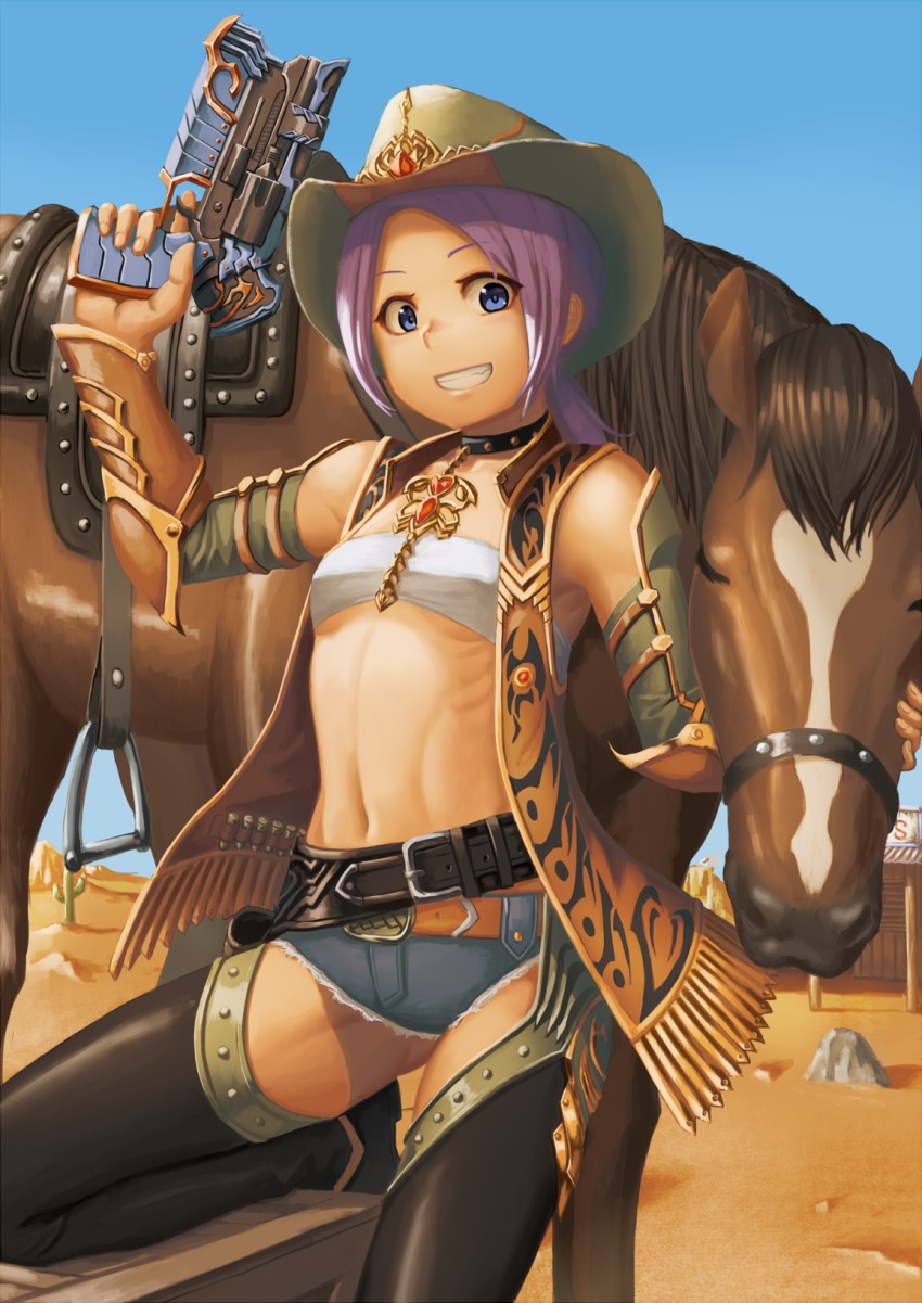 1girl :d bandeau belt black_footwear black_neckwear blue_eyes boots breasts bullet cactus choker commentary_request cowboy cowboy_hat cowboy_western day female_focus grin gun handgun hat highres holding holding_gun holding_weapon horse jewelry looking_at_viewer midriff navel open_mouth original parted_bangs pendant ponytail purple_eyes ranma_(kamenrideroz) saddle sand sarashi short_shorts shorts small_breasts smile solo sunlight thigh_boots thighhighs weapon western