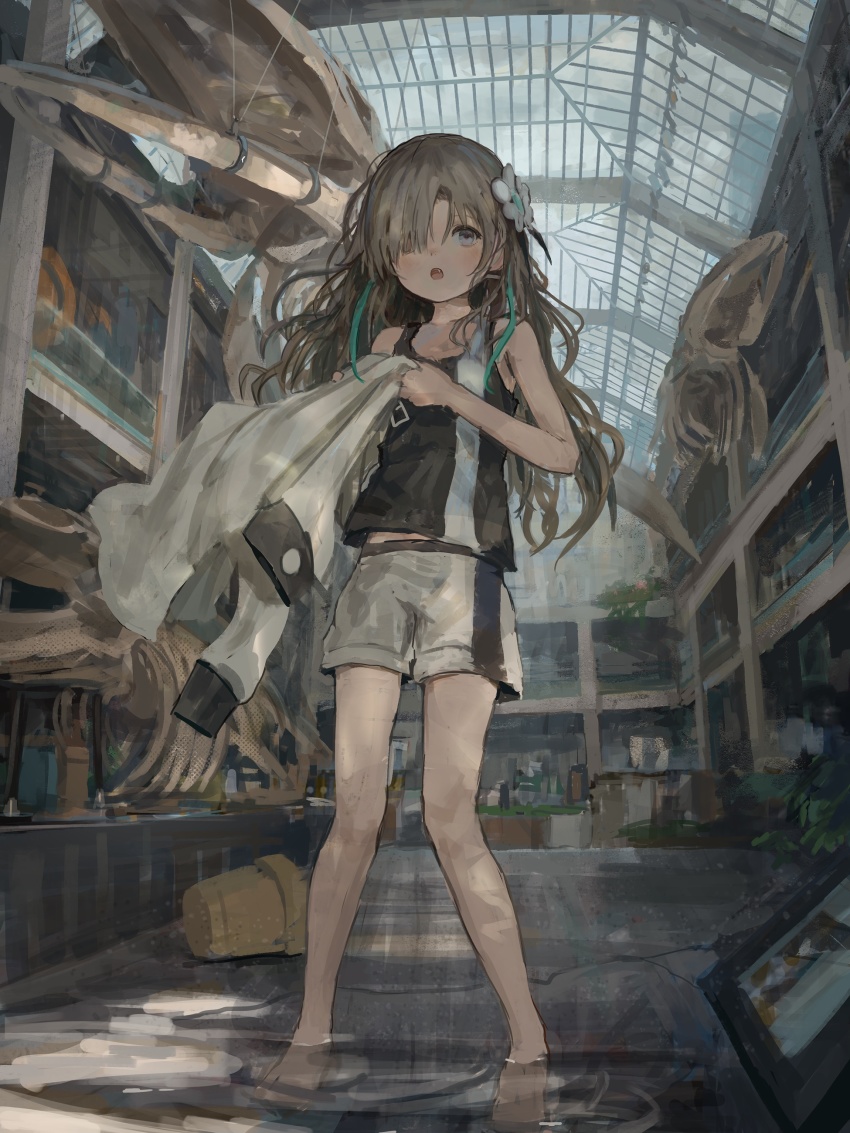 1girl :o absurdres aqua_hair barefoot blue_eyes camisole coat unworn_coat fossil grey_hair hair_ornament hair_over_one_eye highres indoors isekaijoucho kamitsubaki_studio long_hair multicolored_hair open_mouth shion_(mirudakemann) shorts sketch solo two-tone_hair virtual_youtuber wading water white_coat window