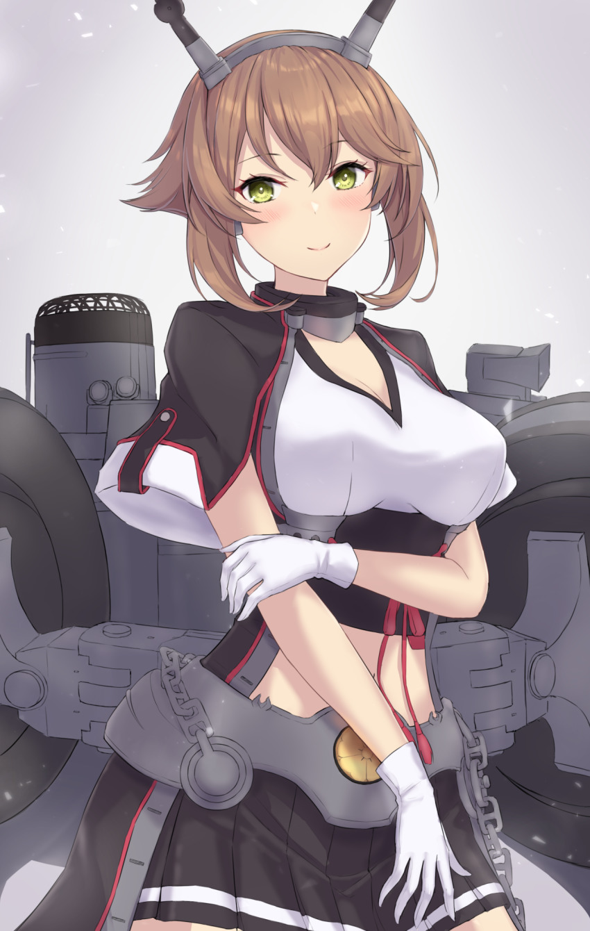 1girl breasts brown_hair chain cleavage closed_mouth cowboy_shot gloves green_eyes hair_between_eyes headgear highres kantai_collection large_breasts machinery miniskirt monoku mutsu_(kancolle) mutsu_kai_ni_(kancolle) pleated_skirt rigging short_hair short_sleeves skirt smile solo white_gloves white_skirt