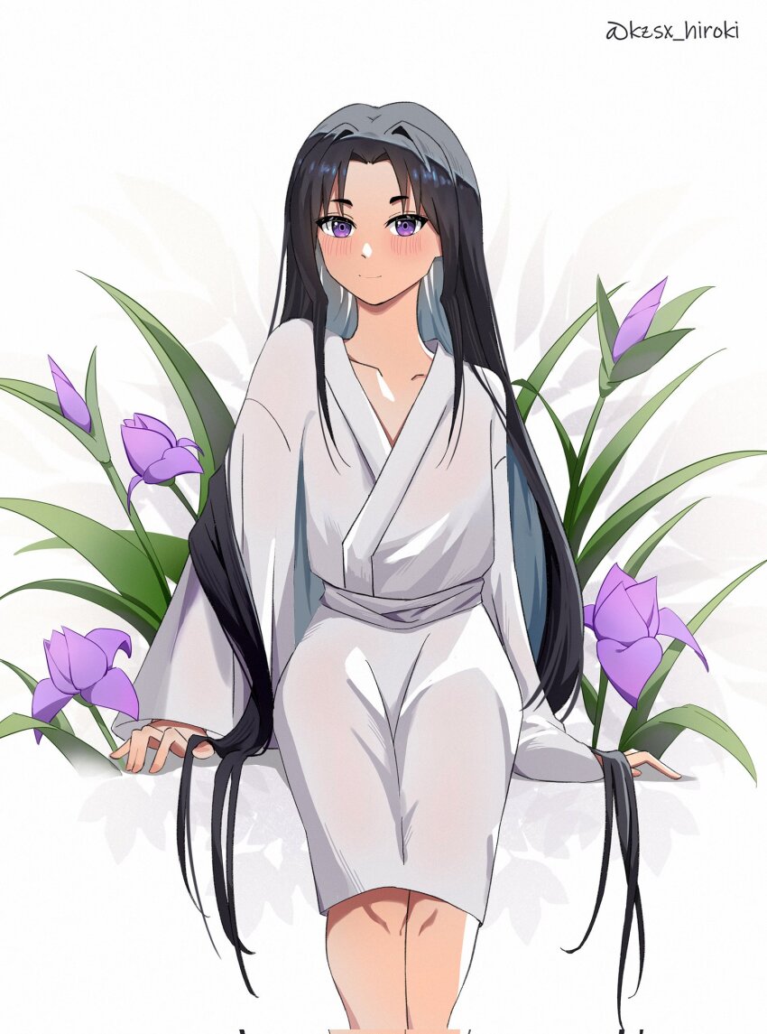 1boy androgynous black_hair blush collarbone feet_out_of_frame flower hair_down hair_intakes highres houjou_tokiyuki_(nige_jouzu_no_wakagimi) japanese_clothes kimono kzsx_hiroki leaf legs_together light_smile lily_(flower) long_hair looking_at_viewer male_focus nige_jouzu_no_wakagimi parted_bangs purple_eyes sash see-through shade shadow sitting twitter_username very_long_hair white_background white_kimono white_sash yukata