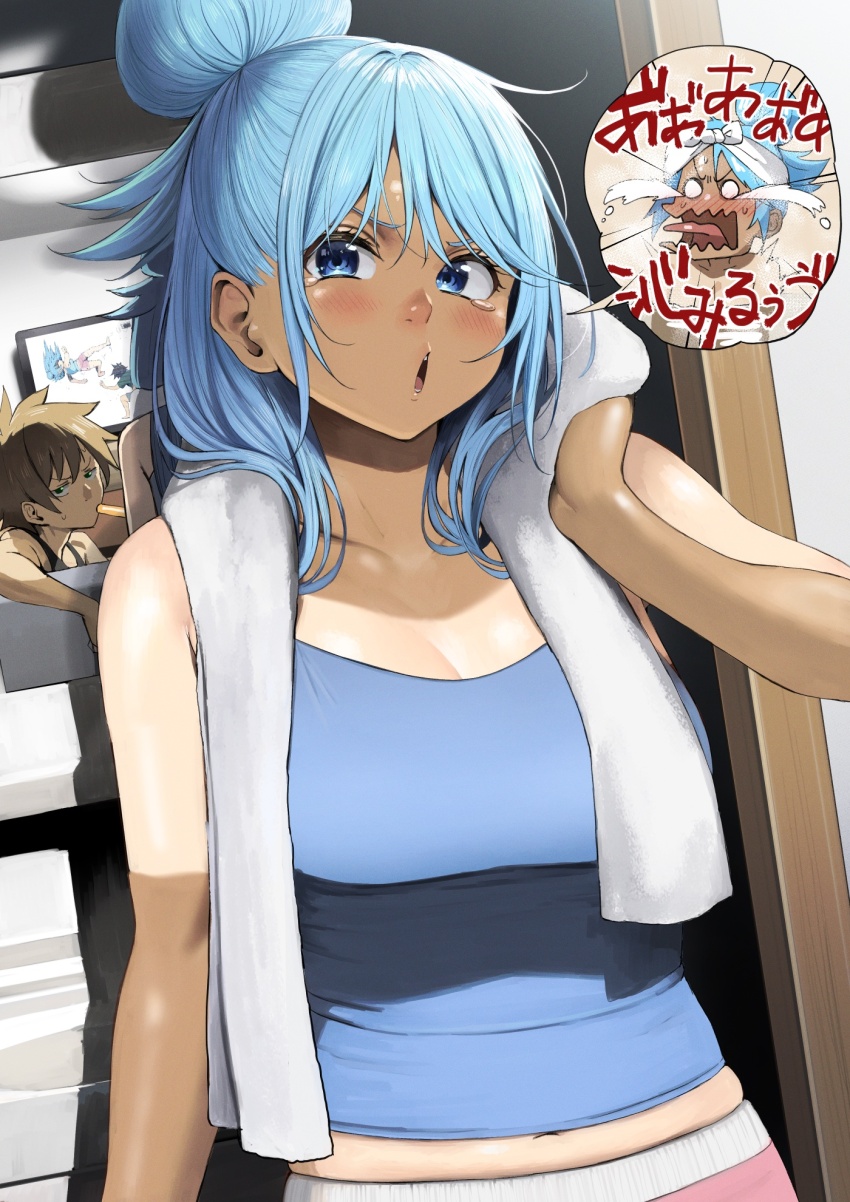 1boy 1girl aqua_(konosuba) blue_shirt blush breasts brown_hair cowboy_shot crying hand_up highres izawa_(bhive003) kono_subarashii_sekai_ni_shukufuku_wo! large_breasts long_hair looking_at_viewer navel_peek open_door open_mouth satou_kazuma shiny_skin shirt short_hair shorts speech_bubble spoken_character television tongue tongue_out towel translation_request