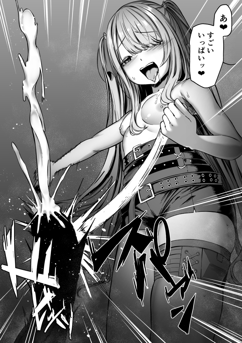 1boy 1girl belt blush breasts commander_(nikke) cum ejaculation femdom goddess_of_victory:_nikke greyscale hetero high-waist_shorts highres holding long_hair looking_at_viewer monochrome nipples penis projectile_cum riding_crop rorimo saliva shorts skindentation small_breasts tongue tongue_out topless twintails wet yuni_(nikke)