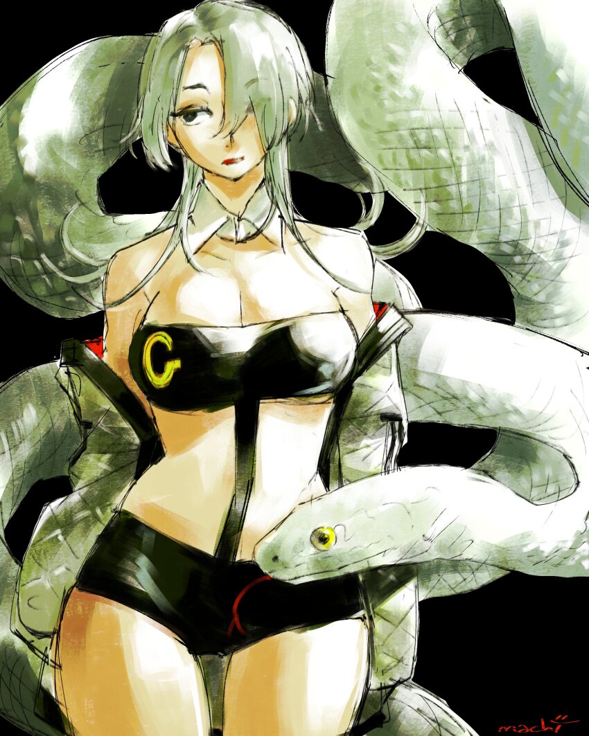 1girl absurdres animal bare_shoulders black_bra black_panties bra choujin_x giant_snake hair_over_one_eye highres jacket looking_to_the_side machipachi1901 open_clothes open_jacket oversized_animal panties signature single_letter sketch snake snake_girl snake_print solo tsumuji_nari_(choujin_x) underwear white_hair white_jacket