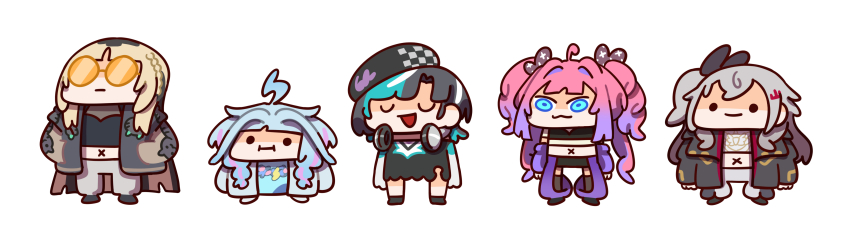 5girls absurdres ahoge beret black_hair black_hat black_jacket blonde_hair blue_eyes blue_hair blue_shirt bow braid center-flap_bangs chibi closed_eyes closed_mouth cropped_shirt flow_glow_(hololive) grey_hair hair_bow hair_ornament hat headphones headphones_around_neck highres hololive hololive_dev_is isaki_riona jacket keenbiscuit kikirara_vivi koganei_niko lightning_ahoge long_hair medium_hair mizumiya_su multicolored_hair multiple_girls navel one_side_up open_clothes open_mouth orange-tinted_eyewear parted_bangs pink_hair purple_hair rabbit_bow rindo_chihaya shirt simple_background smile streaked_hair sunglasses tinted_eyewear twin_braids twintails two-tone_hair very_long_hair virtual_youtuber white_hair white_shirt