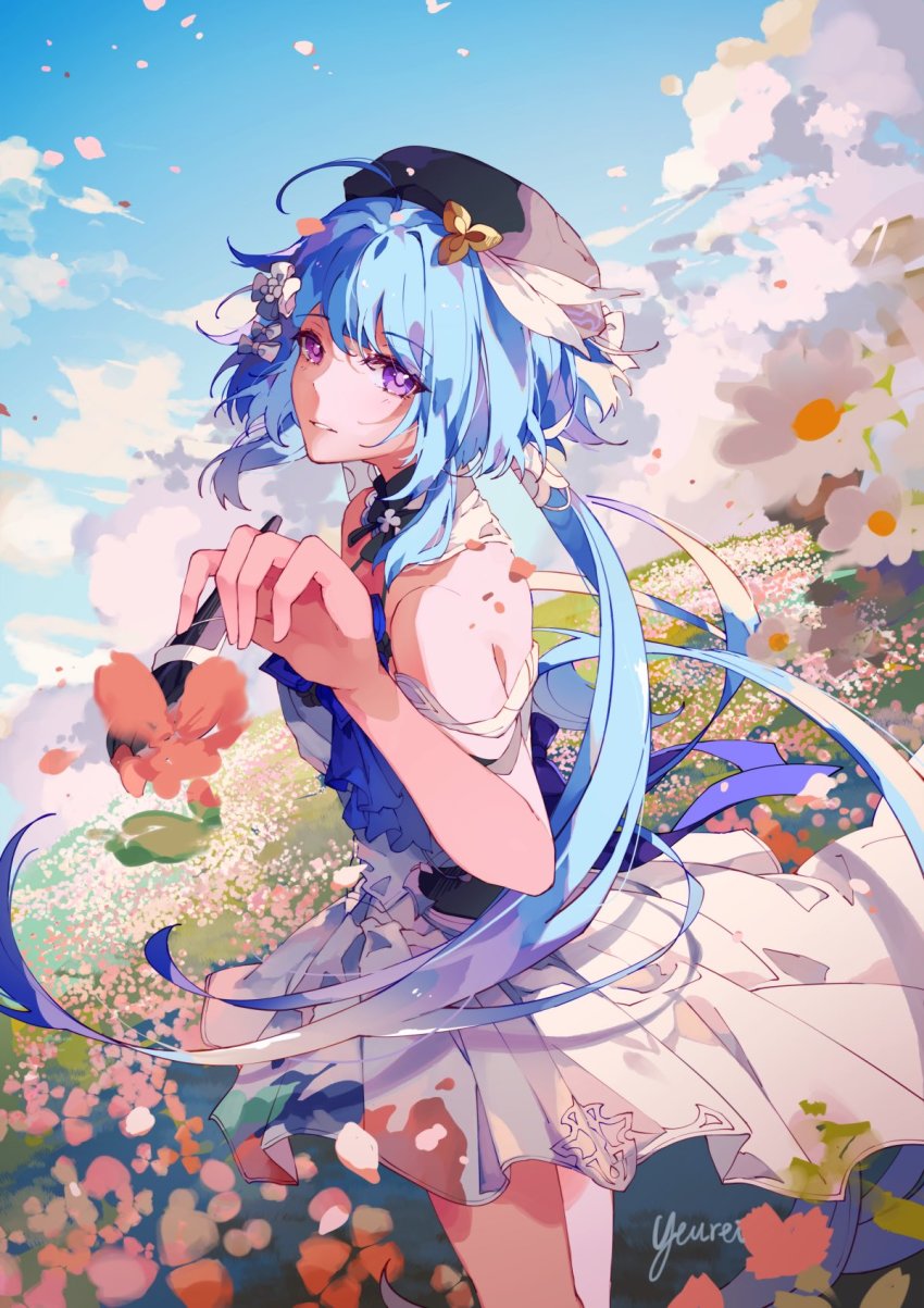 1girl artist_name bare_shoulders beret black_hat blue_hair blue_sky cloud cloudy_sky dress field flower flower_field griseo griseo_(starry_impression) hat highres holding holding_brush honkai_(series) honkai_impact_3rd long_hair off-shoulder_dress off_shoulder outdoors petals purple_eyes signature sky solo twintails white_dress yeurei