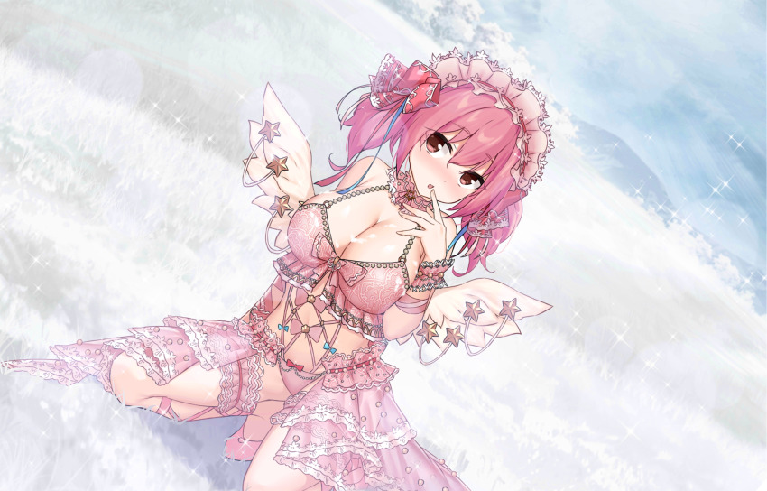 1girl absurdres bra breasts cleavage dress game_cg highres large_breasts maid_headdress moe!_ninja_girls moe!_ninja_girls_rpg momochi_myu official_alternate_costume official_art panties pink_bra pink_dress pink_eyes pink_hair pink_panties snow solo third-party_source underwear winter