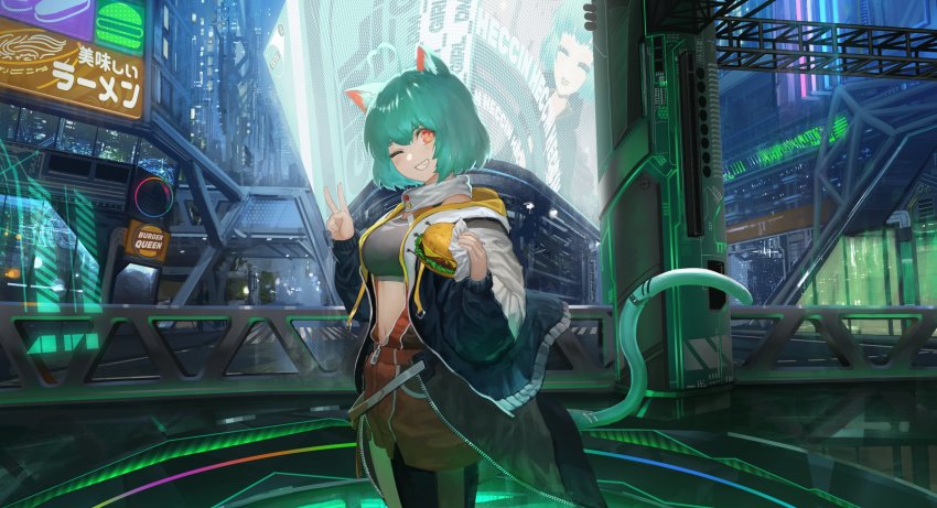 1girl ahoge animal_ear_fluff animal_ears black_jacket brand_name_imitation breasts burger burger_king cat_ears cat_tail ex-trident eyebrows_hidden_by_hair food girl_dm girl_dm_(1st_costume) green_hair heart heart_ahoge heart_hair highres holding holding_food hood hooded_jacket indie_virtual_youtuber jacket jumpsuit looking_at_viewer mechanical_tail medium_breasts navel one_eye_closed open_jumpsuit orange_jumpsuit science_fiction second-party_source short_hair short_jumpsuit smile solo tail v virtual_youtuber