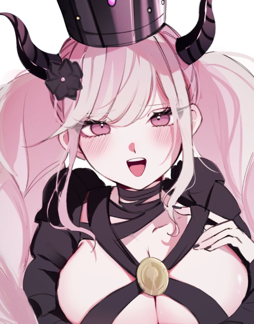 1girl :d black_crown black_flower black_horns black_nails blonde_hair blush breasts cleavage collarbone crown flower hair_flower hair_ornament highres horns large_breasts long_hair master_detective_archives:_rain_code nail_polish open_mouth pink_eyes rize_(rize0420) shinigami_(rain_code) smile solo teeth upper_body upper_teeth_only