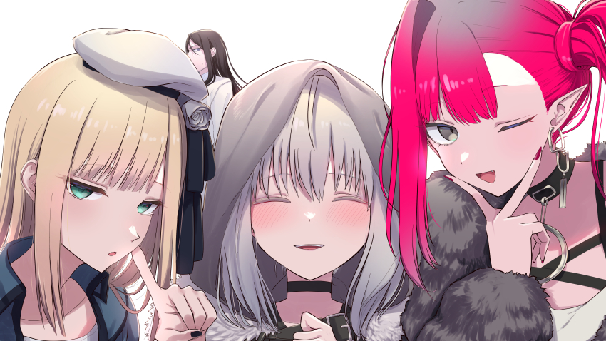 1boy 3girls absurdres baobhan_sith_(comiket_103)_(fate) baobhan_sith_(fate) black_hair black_nails blonde_hair blue_jacket blush choker closed_eyes earrings fate/grand_order fate_(series) fur-trimmed_jacket fur_trim gray_(fate) green_eyes grey_eyes grey_hood hand_up hat highres jacket jewelry long_hair looking_at_viewer lord_el-melloi_ii multiple_girls nail_polish open_mouth pink_hair pointy_ears red_nails reines_el-melloi_archisorte shirt shitsugaikotsu side_ponytail single_sidelock smile upper_body v waver_velvet white_background white_hat white_shirt