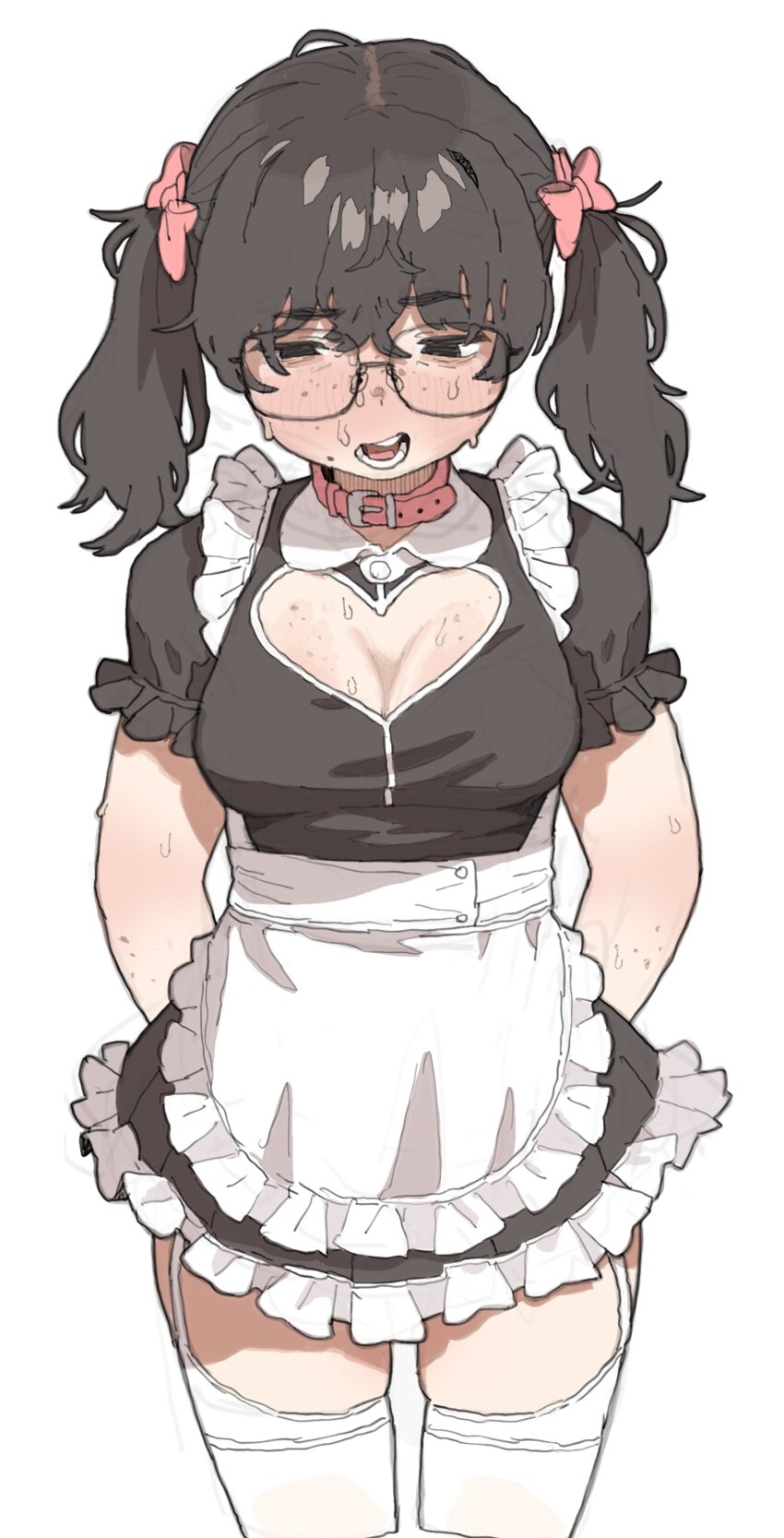 1girl absurdres animal_collar apron black_eyes black_hair body_freckles breasts cleavage collar freckles garter_straps glasses hair_between_eyes highres jimiko maid maid_apron medium_breasts messy_hair mole mole_under_mouth original possummachine thighhighs twintails white_background white_thighhighs zettai_ryouiki