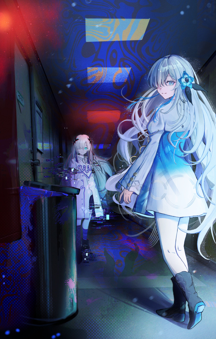 2girls absurdres blue_eyes blue_hair boots cevio coat dress flower full_body glitch grey_hair hair_flower hair_ornament hair_over_one_eye higeji_(higeji404) highres indoors isekaijoucho kamitsubaki_studio long_hair looking_at_viewer looking_back multicolored_hair multiple_girls pantyhose sekai_(cevio) smile two-tone_hair very_long_hair white_pantyhose