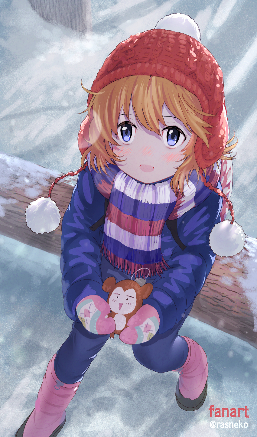 1girl aged_down beanie blue_eyes blush boots brown_hair earflap_beanie evangelion:_3.0+1.0_thrice_upon_a_time hat highres jacket knit_hat log looking_at_viewer medium_hair neon_genesis_evangelion nose_blush pom_pom_(clothes) pom_pom_beanie rasneko rebuild_of_evangelion scarf snow solo souryuu_asuka_langley winter_clothes