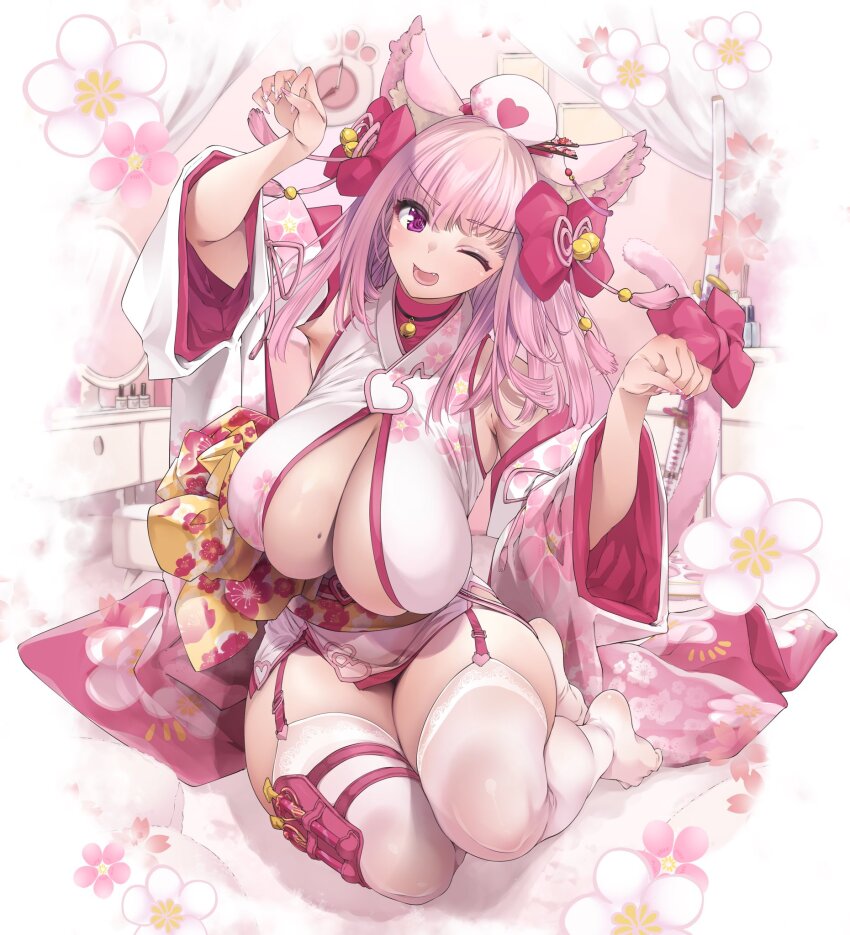 1girl animal_ear_fluff animal_ears bare_shoulders bell bow breasts cat_ears cat_girl cat_tail claw_pose cleavage detached_sleeves fang floral_print full_body garter_straps hair_bow hand_up hat highres huge_breasts indie_virtual_youtuber japanese_clothes katana lace lace-trimmed_thighhighs lace_trim long_hair looking_at_viewer mole mole_on_breast neck_bell nurse_cap official_art one_eye_closed open_mouth paw_pose pink_eyes pink_hair pink_nails red_bow sagging_breasts second-party_source sitting skindentation smile solo straight_hair sword tail tenshouin_himeno thigh_strap thighhighs thomasz v-shaped_eyebrows virtual_youtuber weapon white_thighhighs yokozuwari zettai_ryouiki