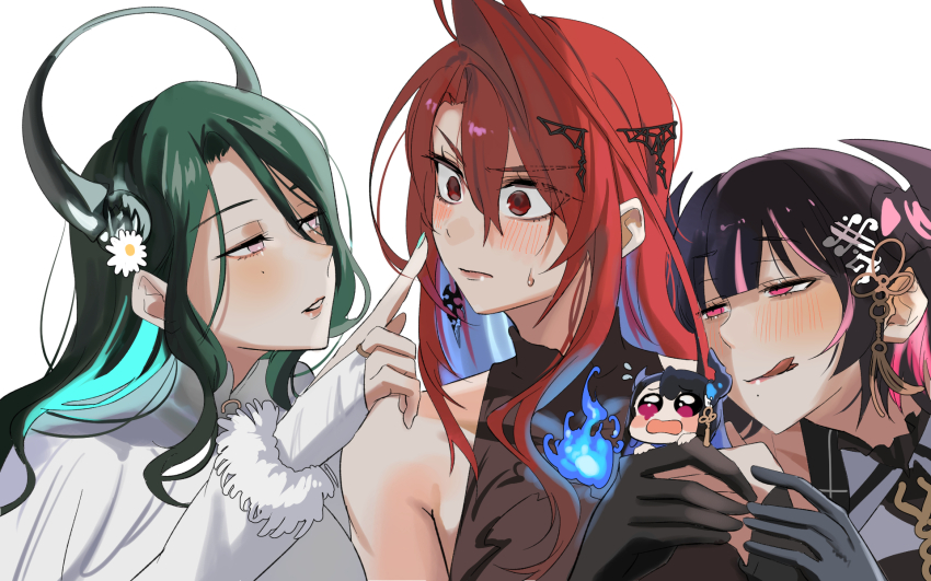 4girls ahoge aqua_hair aradia_ravencroft asymmetrical_horns black_hair blue_fire blue_hair blush breasts colored_inner_hair demon_horns elizabeth_rose_bloodflame fire highres hololive hololive_english horns huge_ahoge licking_lips long_hair malpha_ravencroft mini_person minigirl mole mole_under_eye multicolored_hair multiple_girls nerissa_ravencroft open_mouth pink_eyes pointing red_eyes red_hair set7 siblings simple_background sisters smile sweatdrop tongue tongue_out two-tone_hair upper_body very_long_hair virtual_youtuber wavy_hair white_background