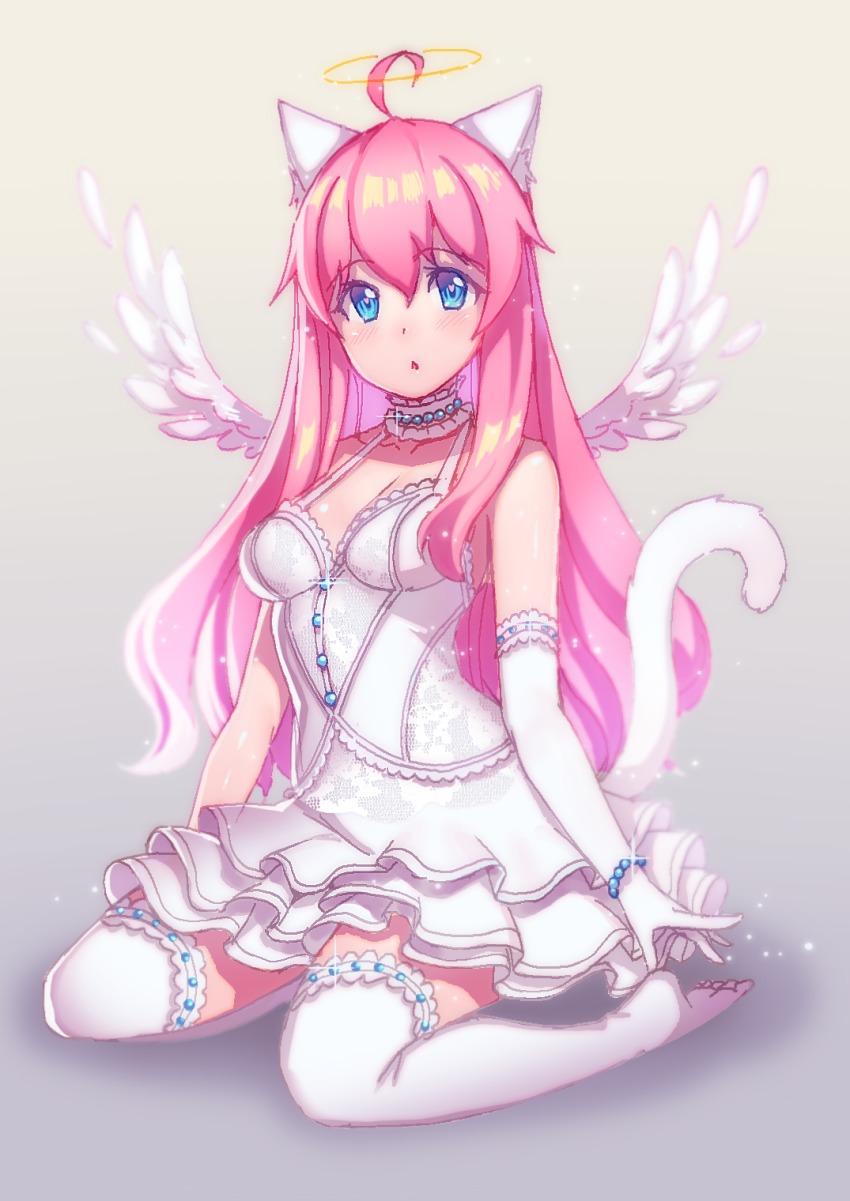 1girl ahoge angel_wings animal_ears blue_eyes bracelet breasts cat_ears cat_tail chestnut_mouth choker cleavage dress elbow_gloves female_focus fiodo gloves halo highres jewelry long_hair looking_at_viewer original pink_hair ribbon_choker sitting sleeveless sleeveless_dress solo tail thighhighs thighs very_long_hair wariza white_dress white_gloves white_thighhighs wings xiao_me zettai_ryouiki