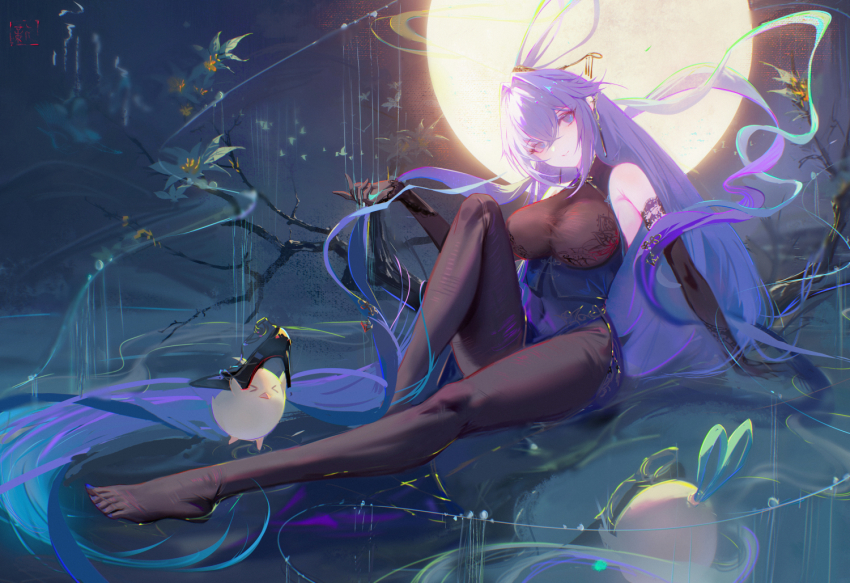 &gt;_&lt; 1girl absurdly_long_hair bare_shoulders black_footwear black_gloves blue_dress blue_eyes blue_hair branch china_dress chinese_clothes dress elbow_gloves full_moon gloves high_heels long_hair manjuu_(azur_lane) moon new_jersey_(dancing_in_the_moonlight)_(azur_lane) sansan_(dongfangzhong111) shoes solo unworn_shoes very_long_hair