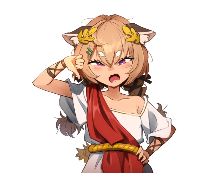 1girl absurdres alternate_costume animal_ear_fluff armpit_crease bamboo_hair_ornament blush braid brown_hair collarbone commentary commission english_commentary fangs frown greco-roman_clothes hair_ornament hairclip hand_on_own_hip highres khyle. komachi_panko laurel_crown low_twin_braids messy_hair narrowed_eyes open_mouth phase_connect purple_eyes red_panda_ears red_panda_girl rope_belt scowl second-party_source simple_background skin_fangs solo thick_eyebrows thumbs_down toga twin_braids upper_body virtual_youtuber white_background