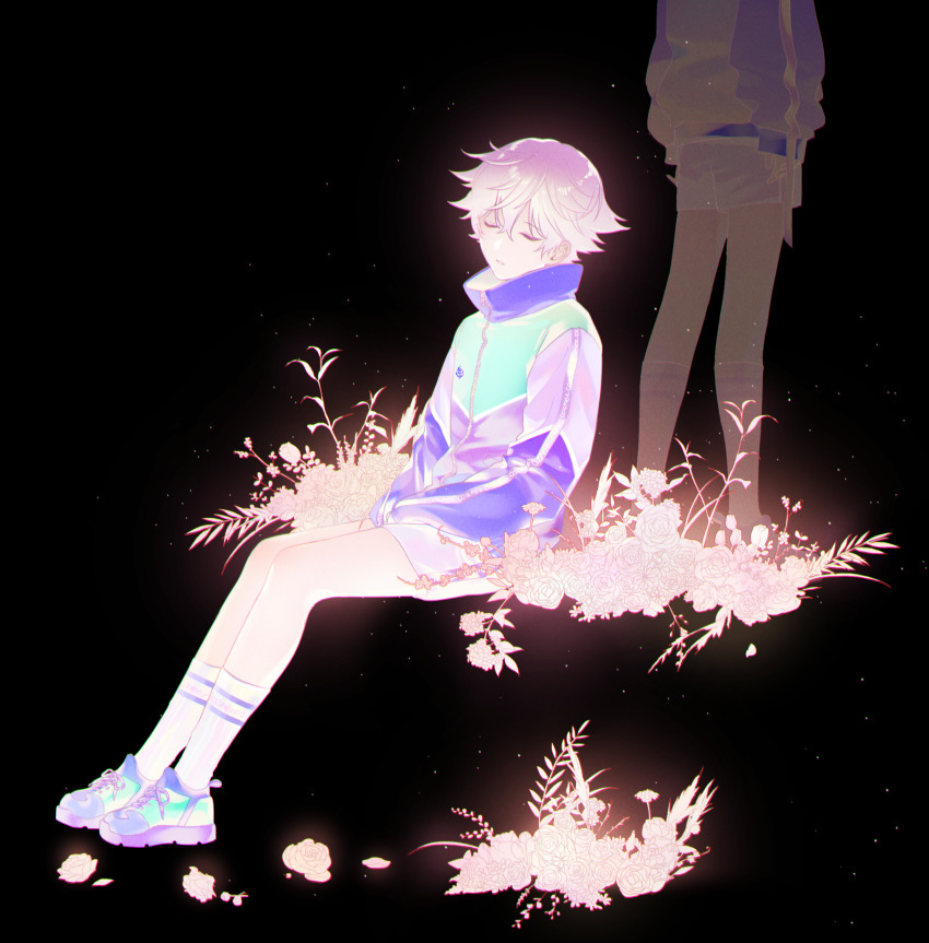 2boys absurdres black_background brothers closed_eyes flower hands_on_lap highres jacket long_sleeves male_focus multicolored_clothes multicolored_jacket multiple_boys nyamnyam0502 paradox_live purple_hair shoes short_hair shorts siblings socks solo twins yatonokami_kanata yatonokami_nayuta