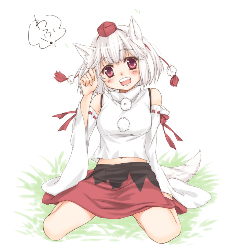 1girl animal_ears bare_shoulders detached_sleeves female_focus hat inubashiri_momiji kanda_aya open_mouth paw_pose pink_eyes short_hair sitting skirt smile solo tokin_hat touhou wariza white_hair wolf_ears