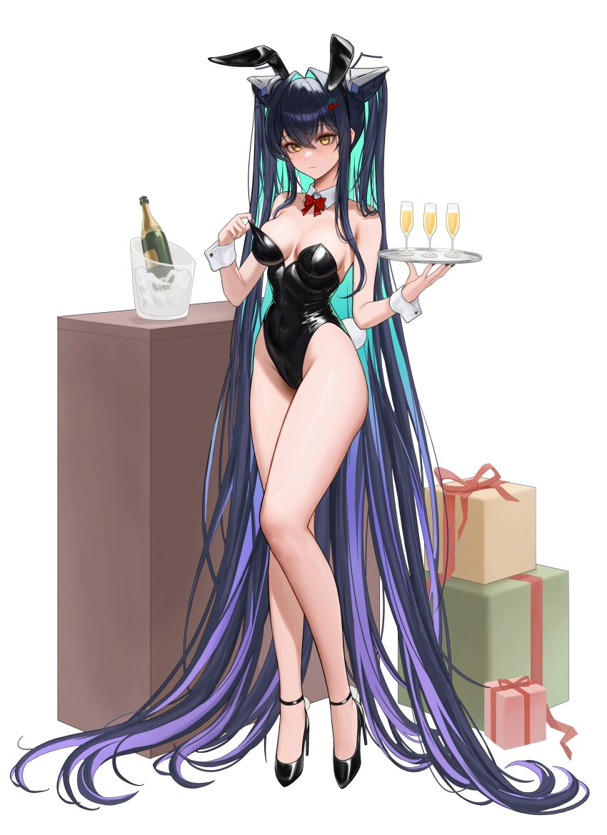 1girl absurdly_long_hair absurdres alcohol alternate_costume animal_ears bare_arms bare_legs bare_shoulders black_footwear black_leotard blue_hair blush bottle bow bowtie box breasts champagne cleavage closed_mouth colored_inner_hair cup detached_collar fake_animal_ears fake_tail full_body gift goddess_of_victory:_nikke green_hair hair_between_eyes hair_intakes heine_(haloo1101) highleg highleg_leotard highres holding holding_tray large_breasts leotard little_mermaid_(nikke) long_hair long_legs looking_at_viewer merchandise_available multicolored_hair purple_hair rabbit_ears rabbit_tail red_bow red_bowtie solo standing tail thighs tray very_long_hair white_background wrist_cuffs yellow_eyes