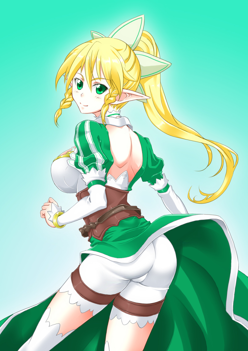 10s 1girl ass blonde_hair braid breasts female_focus green_eyes highres kurogane_(blackxsilver) large_breasts leafa_(sao) long_hair pointy_ears ponytail side_braid solo sword_art_online twin_braids