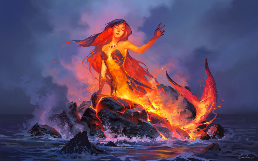 1girl arm_support closed_eyes cloud collarbone colored_skin facing_viewer fins fish_tail full_body glowing hand_up highres horizon lava long_hair mermaid monster_girl ocean on_rock orange_skin original outdoors overcast parted_lips red_hair rock sandara signature sky smoke solo tail water