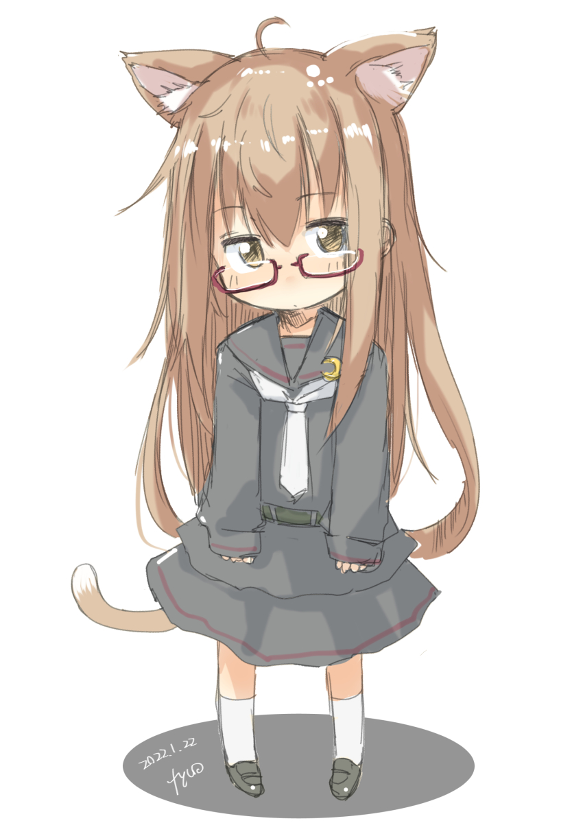 1girl absurdres ahoge animal_ears black_footwear black_serafuku black_skirt brown_eyes brown_hair cat_ears cat_tail chibi fyuo highres kantai_collection loafers long_hair mochizuki_(kancolle) necktie one-hour_drawing_challenge red-framed_eyewear school_uniform serafuku shoes simple_background skirt socks solo standing tail white_background white_necktie white_socks