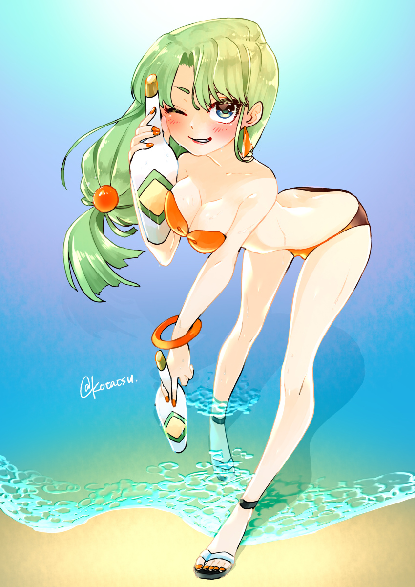 1girl absurdres breasts cleavage commission drink earrings feena_(grandia) feet full_body grandia grandia_i green_eyes green_hair highres jardim_(saruboid) jewelry lipstick long_hair looking_at_viewer low-tied_long_hair makeup medium_breasts nail_polish one_eye_closed smile solo swimsuit water