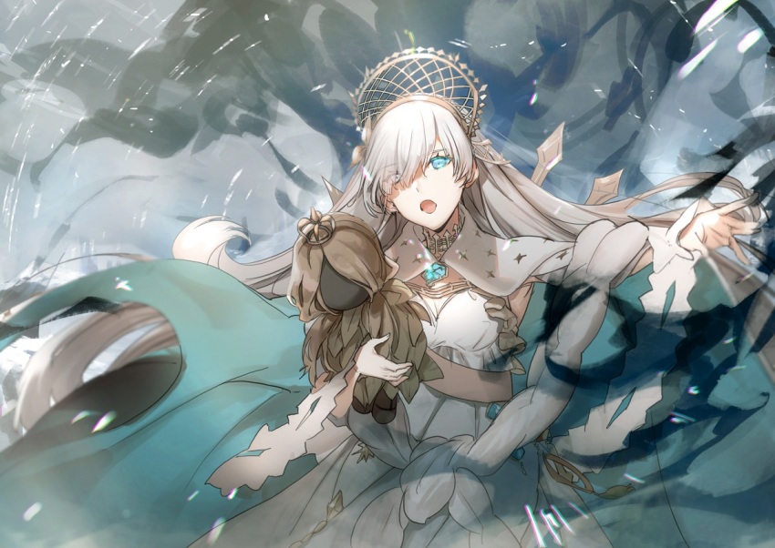 1girl anastasia_(fate) blue_cloak blue_eyes blush breasts cleavage cloak doll dress fate/grand_order fate_(series) fur_trim hair_over_one_eye hairband jewelry large_breasts long_hair looking_at_viewer neck_ring necklace no-kan open_mouth pendant solo very_long_hair viy_(fate) white_dress white_hair