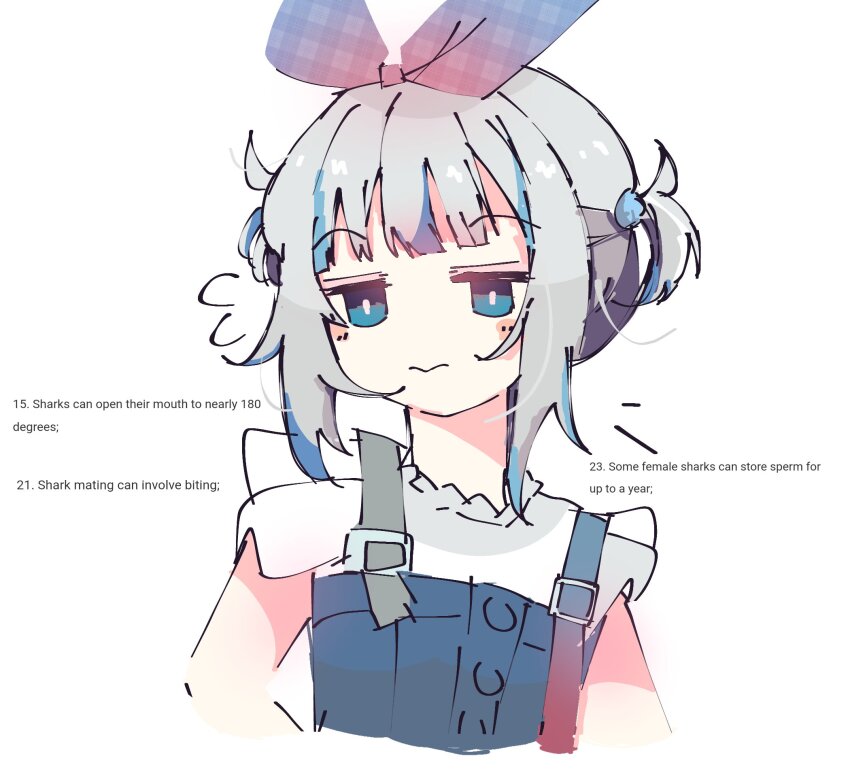 1girl animal_ears blue_eyes blue_hair blunt_bangs blush bow bright_pupils buttons cat_ears commentary cropped_torso dice_hair_ornament empty_eyes english_commentary english_text flying_sweatdrops frilled_sleeves frills gawr_gura gawr_gura_(casual) grey_hair hair_bow hair_ornament highres hololive hololive_english jitome koyoinacho looking_at_viewer medium_hair multicolored_hair official_alternate_costume one_side_up shark_girl shirt short_sleeves sidelocks simple_background solo streaked_hair suspenders virtual_youtuber white_background white_pupils white_shirt