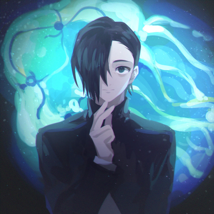 1boy black_background black_eyes black_hair black_jacket closed_mouth familiar gakuran hair_over_one_eye hand_up highres hsh7955 jacket jellyfish jujutsu_kaisen long_sleeves looking_at_viewer male_focus school_uniform short_hair simple_background solo upper_body yoshino_junpei