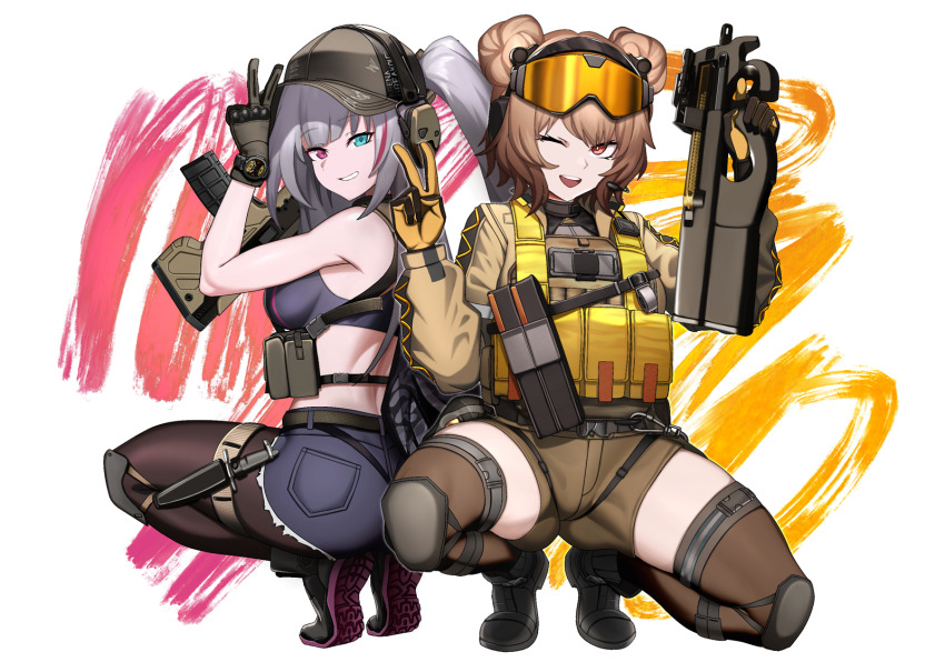 2girls ;d ankle_boots aqua_eyes ass assault_rifle bare_arms bare_shoulders battle_rifle black_footwear black_gloves blue_shorts boots brown_hair brown_shorts brown_thighhighs bullpup cero_(last2stage) commentary commission desert_tech_mdr double_bun english_commentary full_body girls&#039;_frontline gloves grey_hair gun hair_bun hat heterochromia highres holding holding_gun holding_weapon long_hair long_sleeves looking_at_viewer mdr_(girls&#039;_frontline) military_combat_uniform multicolored_hair multiple_girls one_eye_closed open_mouth p90 p90_(girls&#039;_frontline) pantyhose parted_lips personal_defense_weapon ponytail purple_pantyhose red_eyes red_hair rifle short_shorts shorts smile squatting streaked_hair submachine_gun thighhighs thighs v weapon white_background yellow_gloves