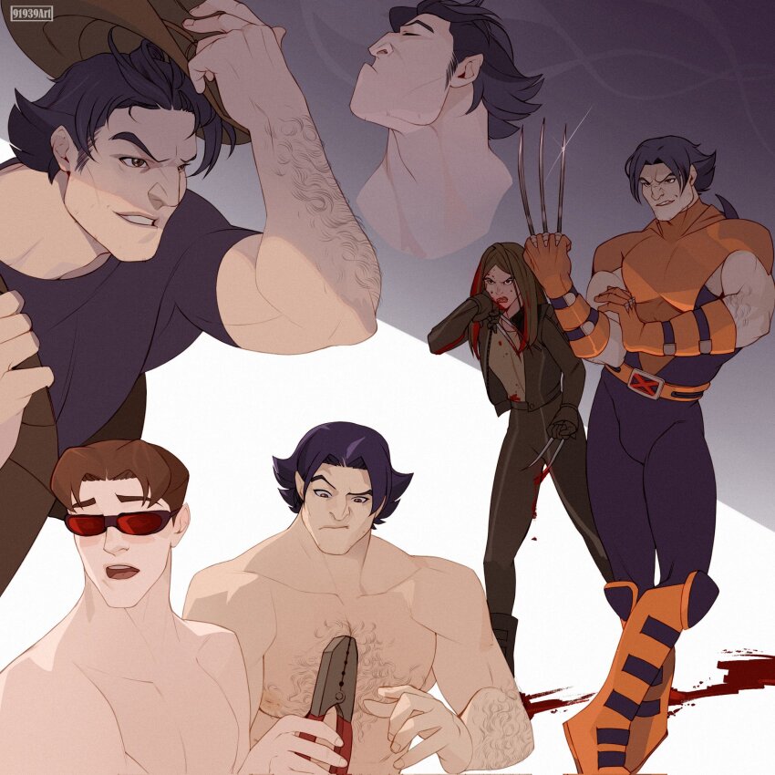 1girl 2boys 91939art black_hair blood blush bodysuit brown_hair cyclops_(x-men) hat highres long_hair looking_at_viewer male_focus marvel multiple_boys muscular muscular_male open_mouth short_hair smile sunglasses superhero_costume weapon wolverine_(x-men) x-23 x-men x-men_evolution