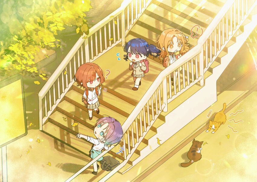 4girls ? asakura_toru bag cat chibi chibi_only flying_sweatdrops fukumaru_koito highres higuchi_madoka ichikawa_hinana idolmaster idolmaster_shiny_colors looking_at_animal multiple_girls noctchill_(idolmaster) outdoors qinglai_haiji school_bag school_uniform stairs walking