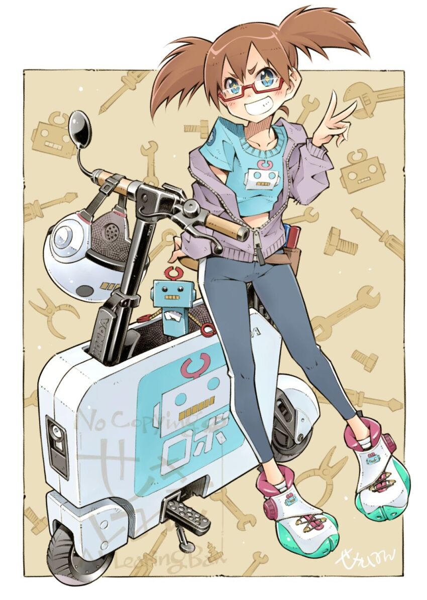 +_+ 1girl blue_eyes brown_hair glasses grin helmet highres honda honda_motocompacto leggings love_live! love_live!_school_idol_festival motor_vehicle motorcycle partially_unzipped robot scooter sekihan smile takamagahara_mutsuki twintails unworn_headwear unworn_helmet v watermark