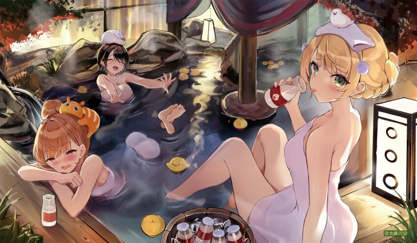 3girls :d ^_^ animal animal_on_head ass bare_shoulders barefoot bird bird_on_head black_hair blonde_hair blunt_bangs blush bottle breasts brown_hair character_request chick circle_name closed_eyes commentary_request crossed_ankles green_eyes hair_bun hair_intakes happy highres holding holding_bottle indie_virtual_youtuber knees_up lantern looking_at_viewer looking_back lying medium_breasts milk_bottle multiple_girls naked_towel nishiro_hato nose_blush on_head on_stomach onsen open_mouth outstretched_arms outstretched_hand partially_submerged red_eyes second-party_source shigure_ui_(vtuber) short_hair sidelighting sidelocks single_hair_bun sitting smile soaking_feet soles steam stretching the_pose tongue tongue_out towel towel_on_head virtual_youtuber white_bird