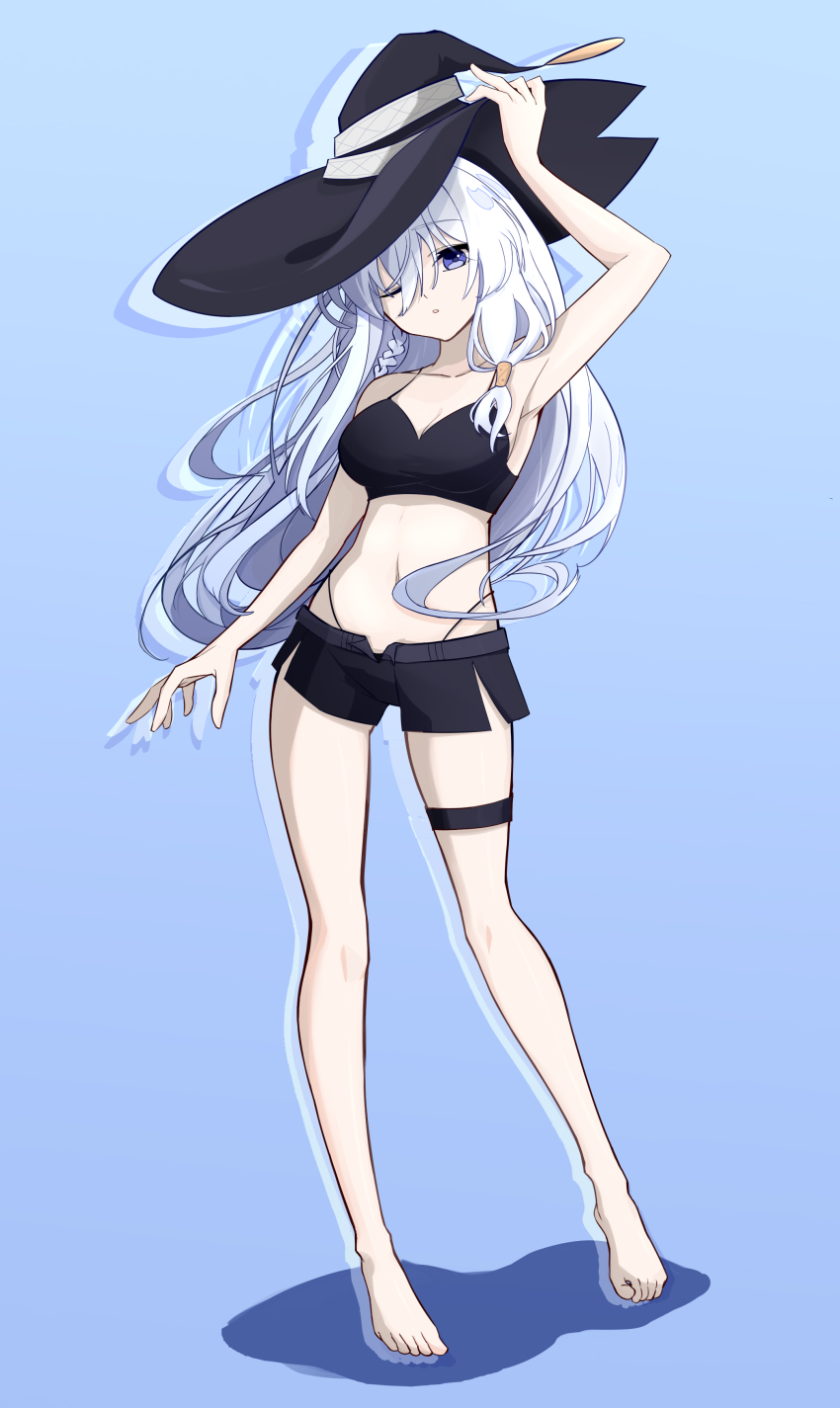 1girl absurdres arm_up armpits bare_arms bare_legs barefoot black_bra black_hat black_shorts blue_background blue_eyes bra elaina_(majo_no_tabitabi) floating_hair full_body hand_on_headwear hat highleg highleg_panties highres long_hair looking_at_viewer majo_no_tabitabi midriff mutsu_aya navel one_eye_closed panties parted_lips short_shorts shorts solo standing stomach thigh_strap underwear very_long_hair white_hair witch_hat