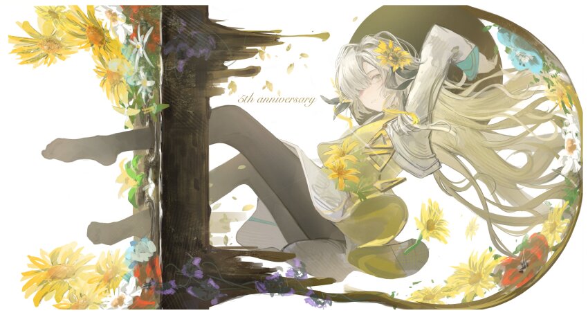 1girl absurdres anniversary black_pantyhose blonde_hair dress flower full_body grey_eyes grey_hair hair_over_one_eye highres isekaijoucho kamitsubaki_studio kotowaza long_hair looking_at_viewer multicolored_hair pantyhose solo sunflower surreal two-tone_hair