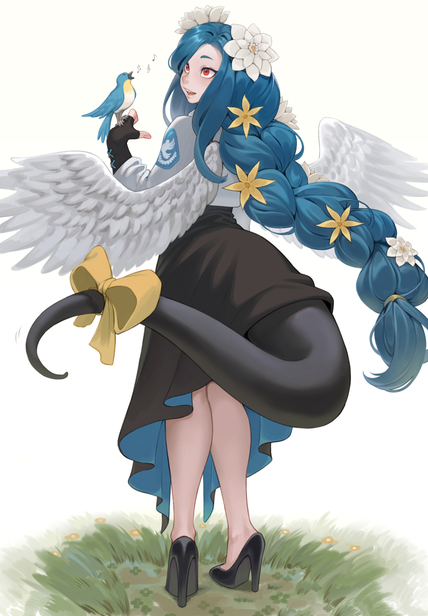 1girl angel_wings bird black_dress black_footwear black_gloves braid braided_ponytail cheshirrr commentary crop_top dizzy_(guilty_gear) dress fingerless_gloves flower from_behind gloves grass guilty_gear guilty_gear_strive hair_flower hair_ornament high_heels highres large_tail long_hair long_skirt low-braided_long_hair low-tied_long_hair musical_note on_grass open_mouth queen_dizzy red_eyes ribbon simple_background skirt solo standing swept_bangs tail tail_ornament tail_ribbon white_background white_flower wings yellow_flower yellow_ribbon