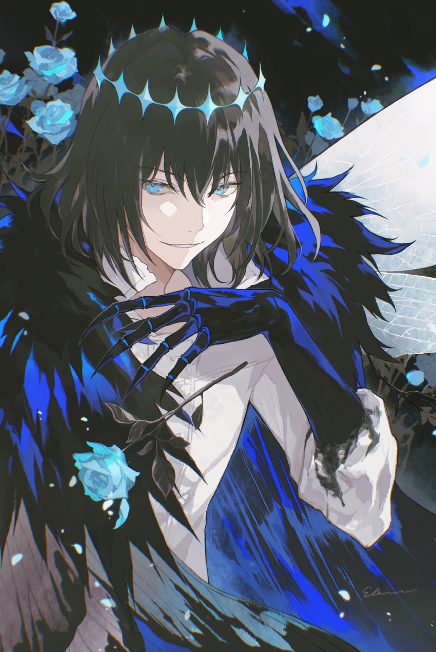 1boy absurdres arthropod_boy arthropod_limbs black_hair blue_eyes blue_flower cape collared_shirt crown diamond_hairband dragonfly_wings elaine-didaea fate/grand_order fate_(series) flower fur-trimmed_cape fur_trim highres insect_wings long_sleeves looking_at_viewer male_focus medium_hair oberon_(fate) oberon_(third_ascension)_(fate) shirt smile solo white_shirt wings