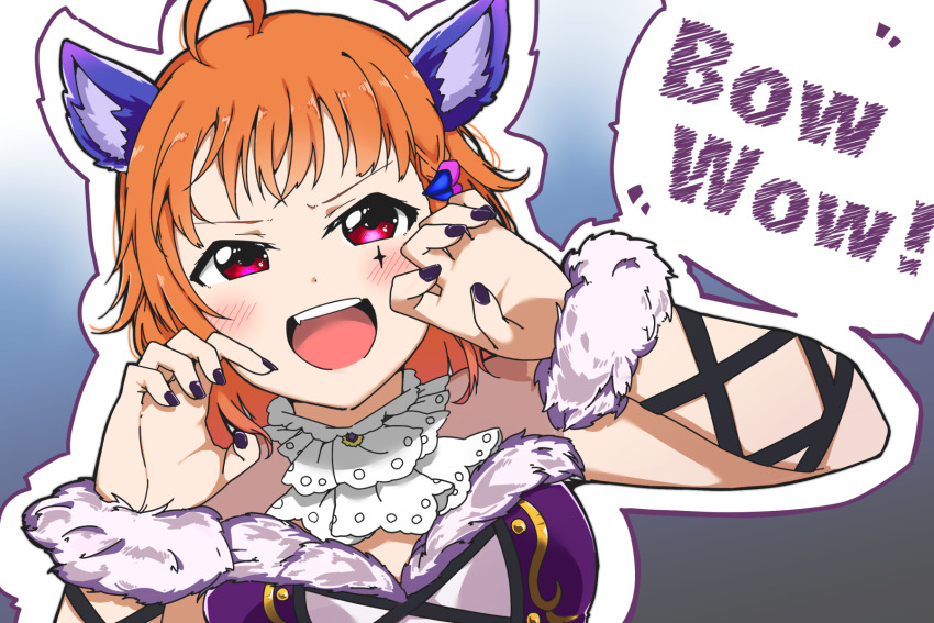 1girl ahoge animal_ears bracelet claw_pose commentary_request dress english_text fang fur_bracelet highres jewelry liz_(piyoko_piyop) looking_at_viewer love_live! love_live!_school_idol_festival_all_stars love_live!_sunshine!! open_mouth orange_hair outline purple_dress purple_nails red_eyes short_hair solo takami_chika takami_chika_(midnight_wolf) upper_body v-shaped_eyebrows white_outline wolf_ears