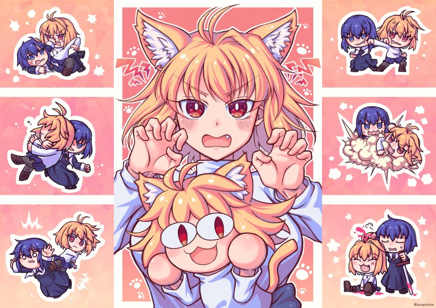 3girls absurdres ahoge anger_vein angry animal_ears arcueid_brunestud black_keys_(type-moon) black_tunic blood blue_eyes blue_hair blue_skirt blush breasts cat_day cat_ears cat_girl cat_tail chibi ciel_(tsukihime) cross cross_necklace double_face_punch dress dual_persona fang fighting flying_kick highres isurugiratone jewelry kicking large_breasts multiple_girls necklace neco-arc nun paw_pose punching red_eyes short_hair skirt sleeve_cuffs smile sweatdrop sweater tail tsukihime tsukihime_(remake) tunic turtleneck turtleneck_sweater white_sleeve_cuffs wing_collar