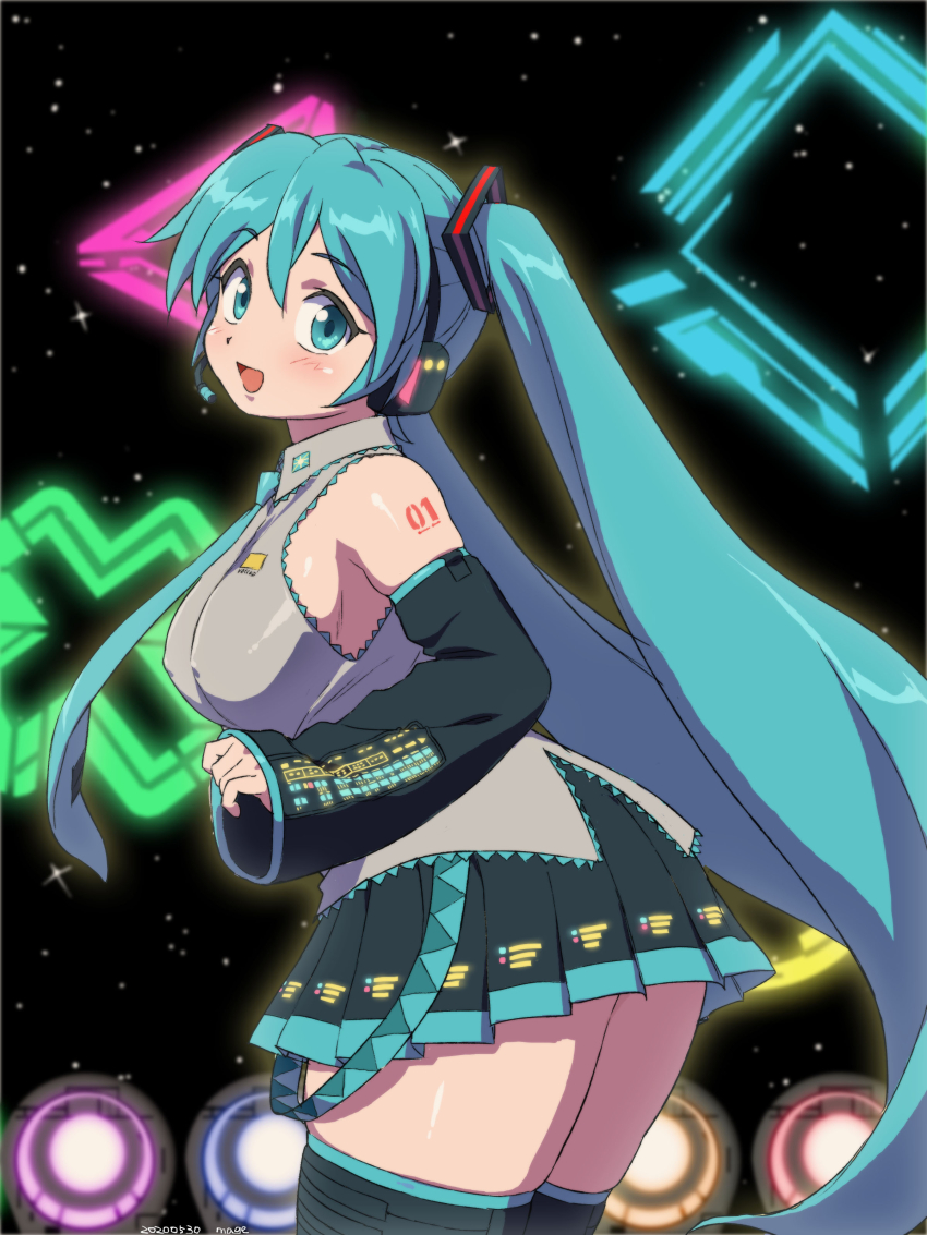 1girl absurdres blue_eyes blue_hair breasts covered_erect_nipples curvy dated detached_sleeves from_behind game_console happy hatsune_miku highres large_breasts looking_at_viewer mage_(harumagedon) medium_breasts miniskirt playstation pleated_skirt plump project_diva project_diva_(series) signature skindentation skirt solo thighhighs thighs twintails vocaloid zettai_ryouiki