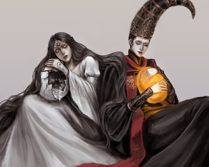 2girls black_hair black_robe circlet closed_eyes commentary company_connection conical_hat cracked_egg cracked_shell dark_souls_(series) dark_souls_iii dress egg elden_ring english_commentary filianore_(dark_souls) highres holding holding_egg hugging_object jeweled_hat long_hair long_sleeves multiple_girls pale_skin parted_lips pointy_hat red_lips rennala_queen_of_the_full_moon robe simple_background sleeping smile tall_hat very_long_hair white_dress wide_sleeves zorozombi