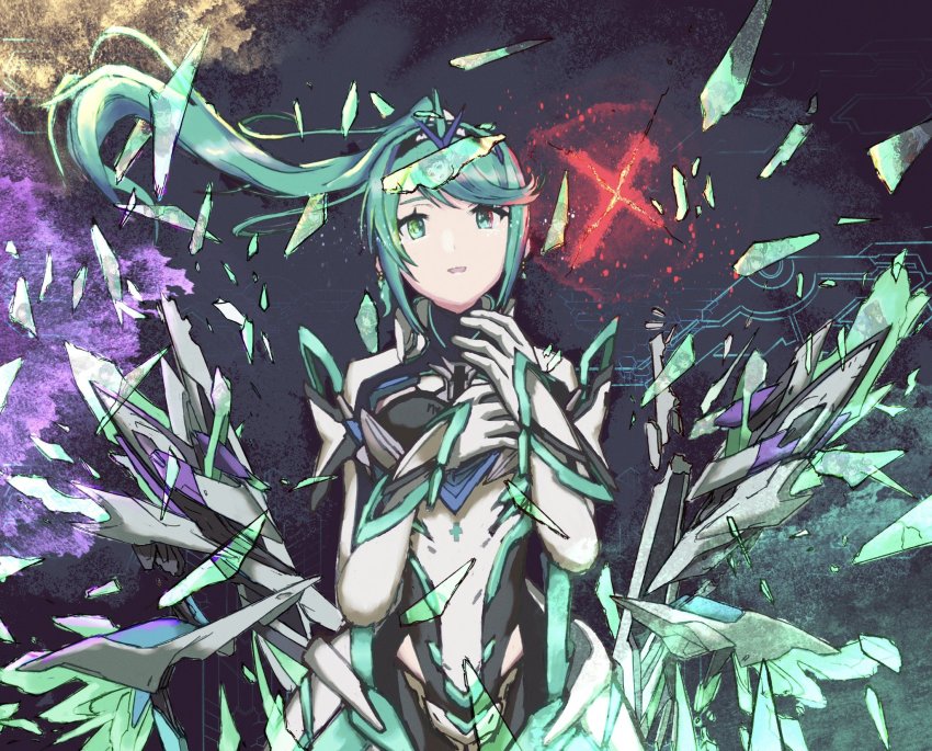 1girl breasts chest_jewel earrings gloves green_eyes green_hair high_heels highres horn_ornament horns jewelry large_breasts long_hair meeeyoumou nintendo pneuma_(xenoblade) ponytail single_horn solo swept_bangs tiara very_long_hair wings xenoblade_chronicles_(series) xenoblade_chronicles_2